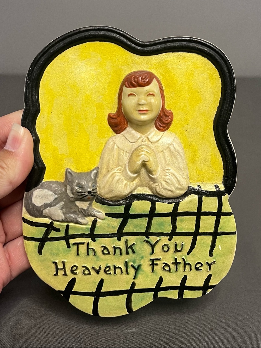 VTG Chalkware Wall Decor Red Head Let & Gray Cat “Thank You Heavenly Father”